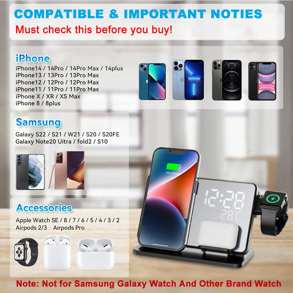 Wireless Charger 3 in 1 for IPhone 16 15 14 Pro Max with Alarm Clock Wireless Charging for IPhone 13 12 Apple Watch 9 8 7 Airpod