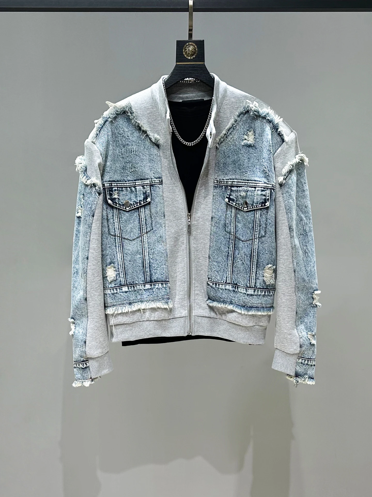 Fashion Casual Men's Denim Patchwork Jacket Set Loose Zipper Jackets Coat High Waist Wide Leg Pants Two-Piece Set Mens Autumn