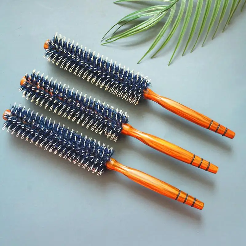 

Natural Boar Bristle Hair round Brush Anti-Static Wood Handle Hair Styling Teasing Brush for Curly Hair Barber Salon Tool