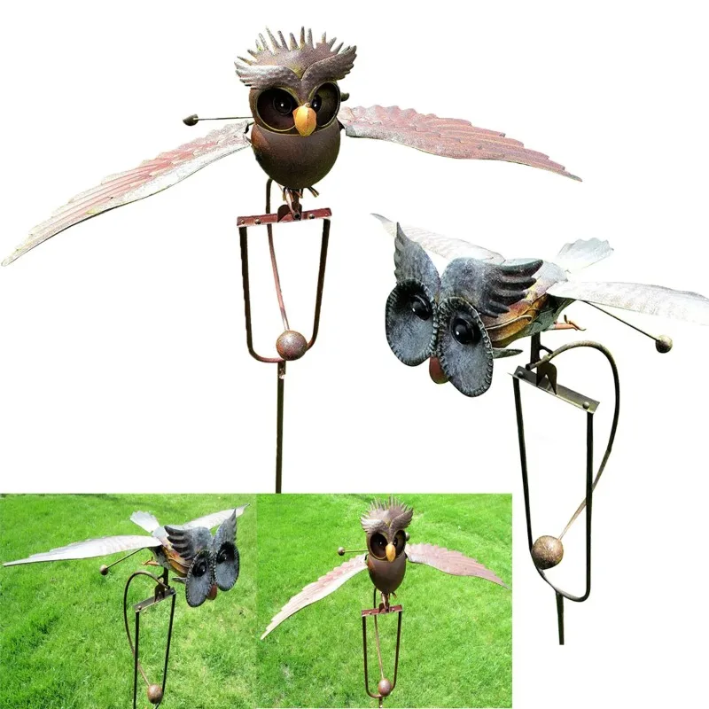 

Owl Wind Chime Iron Wing Flapping Owl Wind Spinner Weather Resistant Eagle Stake Garden Accsesories Outdoor Art Statue decors