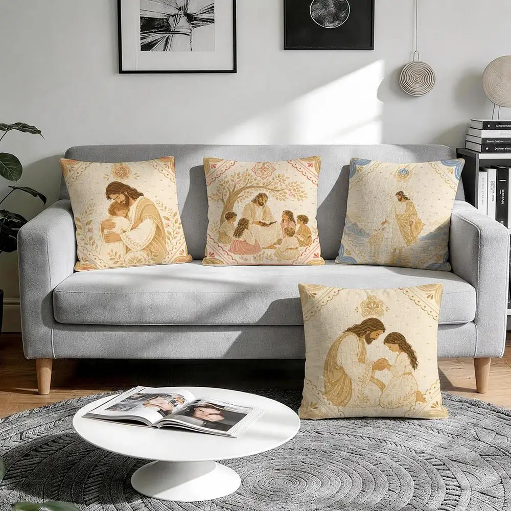 Jesus Christ Christian Bible Verse Cushion Cover Natural Breathable Durable Linen Printed Decor Pillow Case Sofa Bedroom