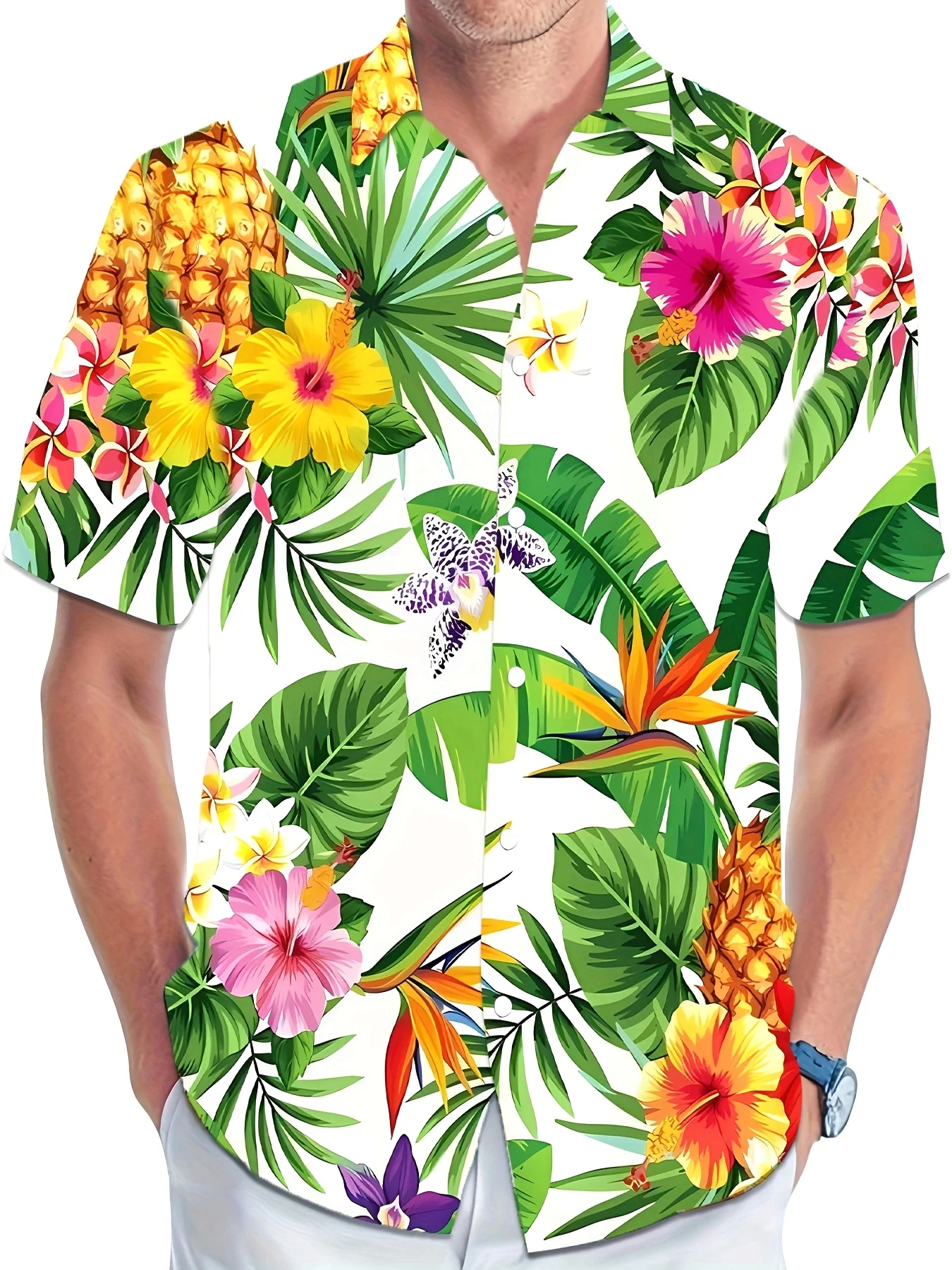 

Men White Base Tropical Hibiscus Pineapple Floral Print Hawaiian Vacation Short Sleeve Shirt