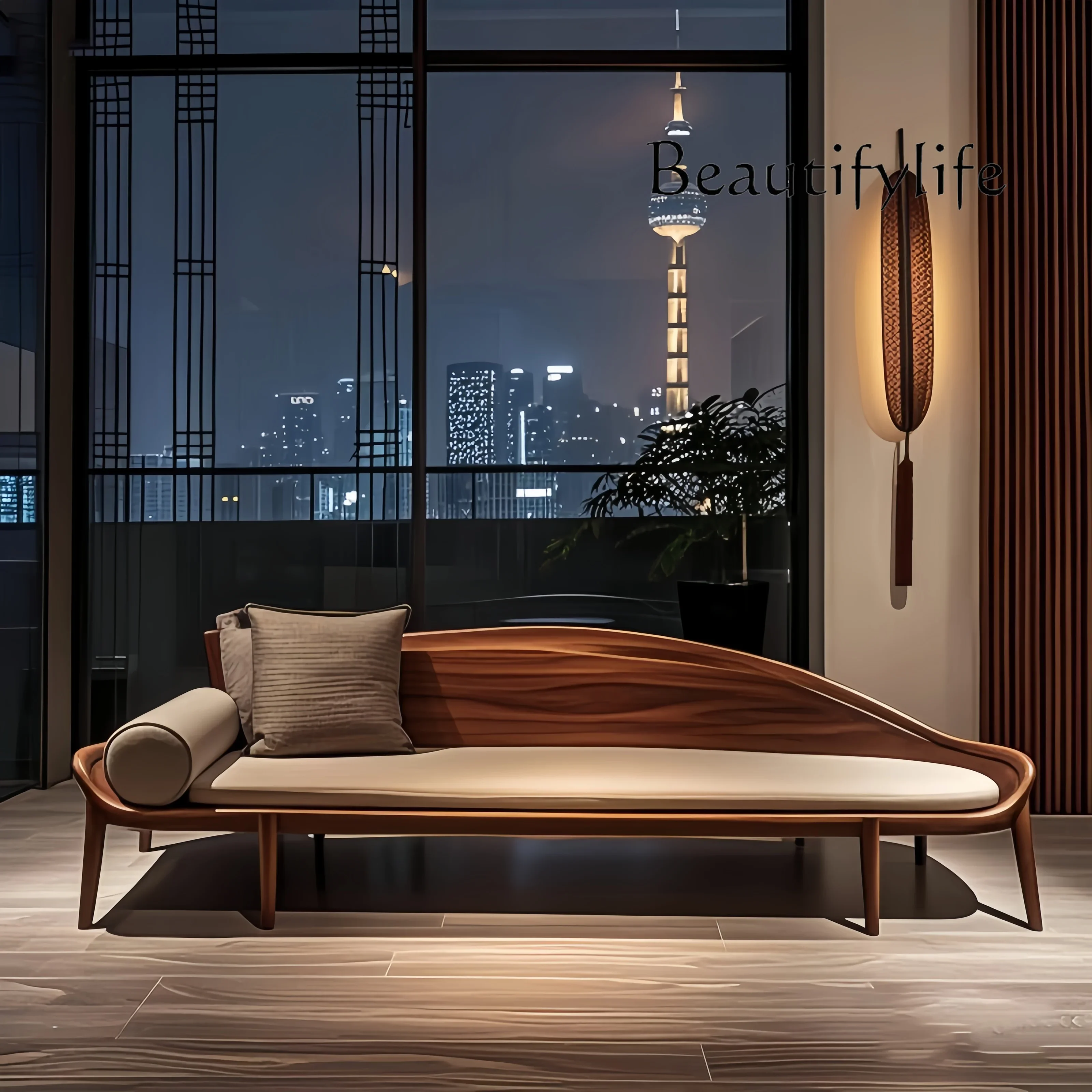 

home living room office hotel bed and breakfast sofa New Chinese retro walnut ash wood chaise longue