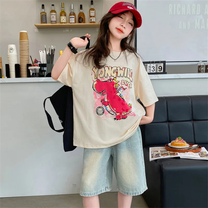 

Girls summer short sleeve T-shirt 6-12 years old 15 years old medium children 2024 new style girls casual cartoon clothes