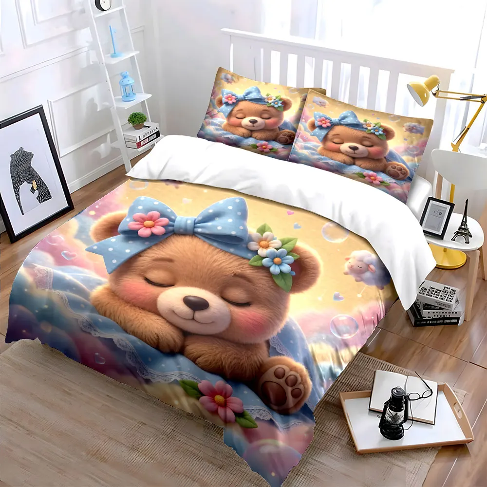 Sleeping teddy on dreamy clouds Bedding Set for Kids Luxury Gift 3pcs Digital Print Comforter Set Soft Comfortable Breathable