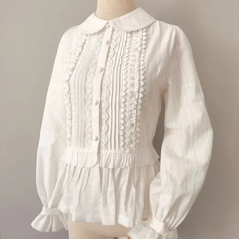 Vintage Cotton Shirt Long Sleeve Peter Pan Collar Top Sweet Lace White Lolita Blouse