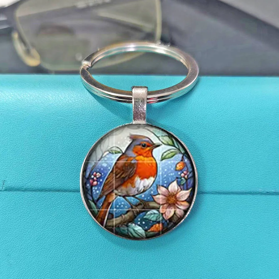 Stained Glass Winter Robin Bird With Blossom Glass Dome Keychain, Multipurpose Charm For Garden Gift Pouch, Country Handbag Gift