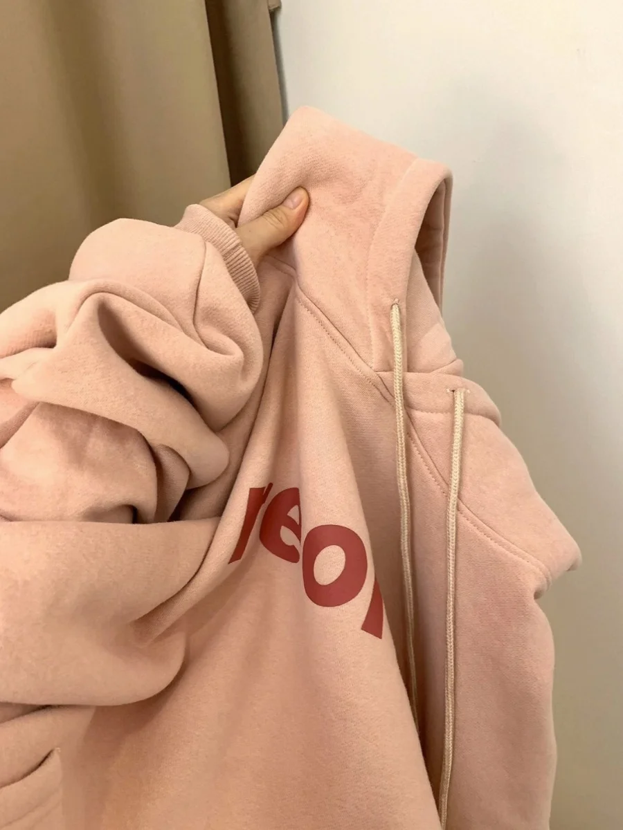 

Женская флисовая толстовка большого размера (до 136 кг), розовая, осенне-зимняя, свободного кроя, в корейском стиле, с длинным рукавом, модная, в стиле оверсайз