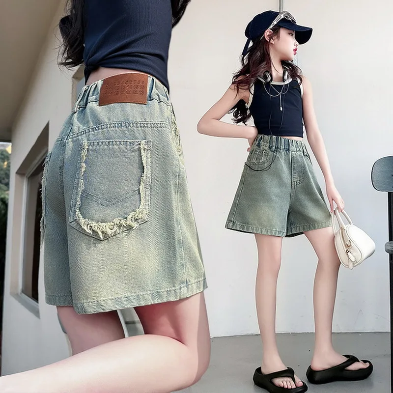Summer Kids Girls Vintage Distressed Casual High Rise Denim Shorts with Raw Hem for Tween Child Blue Wash Mini Jeans Shorts