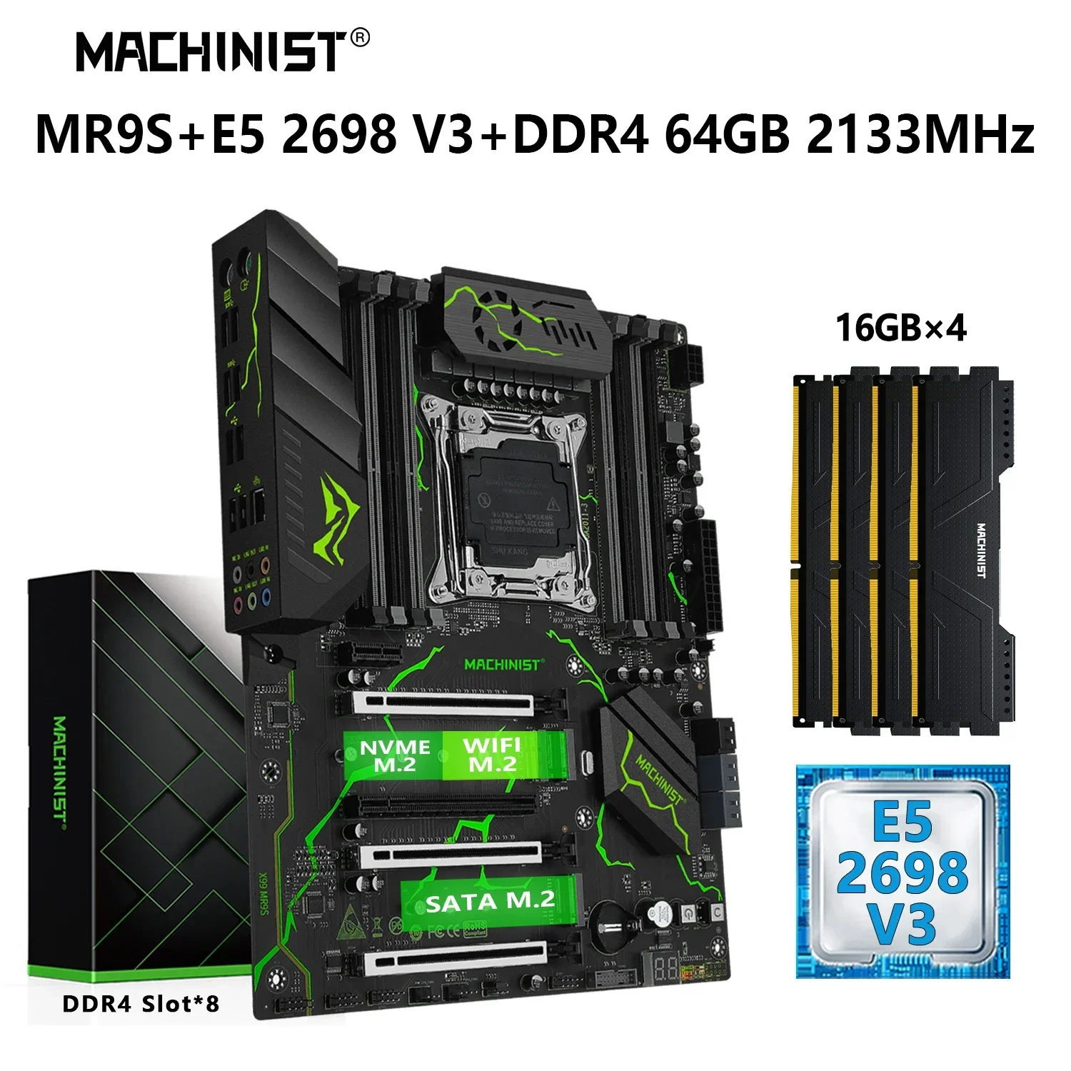 

MACHINIST X99 Комбинированная материнская плата LGA 2011-3 Xeon E5 2698 V3 Комплект процессора DDR4 RAM 4*16 ГБ = 64 ГБ 2133 МГц Память NVME M.2 Четырехканальный MR9S