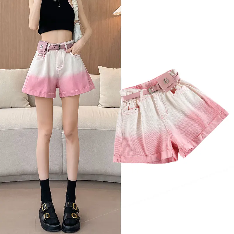 Gradient Pink Denim Shorts Women Summer New Loose Versatile High Waist Thin Candy Color Wide Leg Short Pants Female