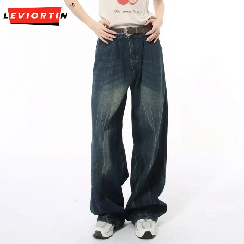 Colección de otoño para hombres, patrón lavado retro de moda, pierna recta ancha, pantalones vaqueros sueltos y versátiles para hombres y mujeres