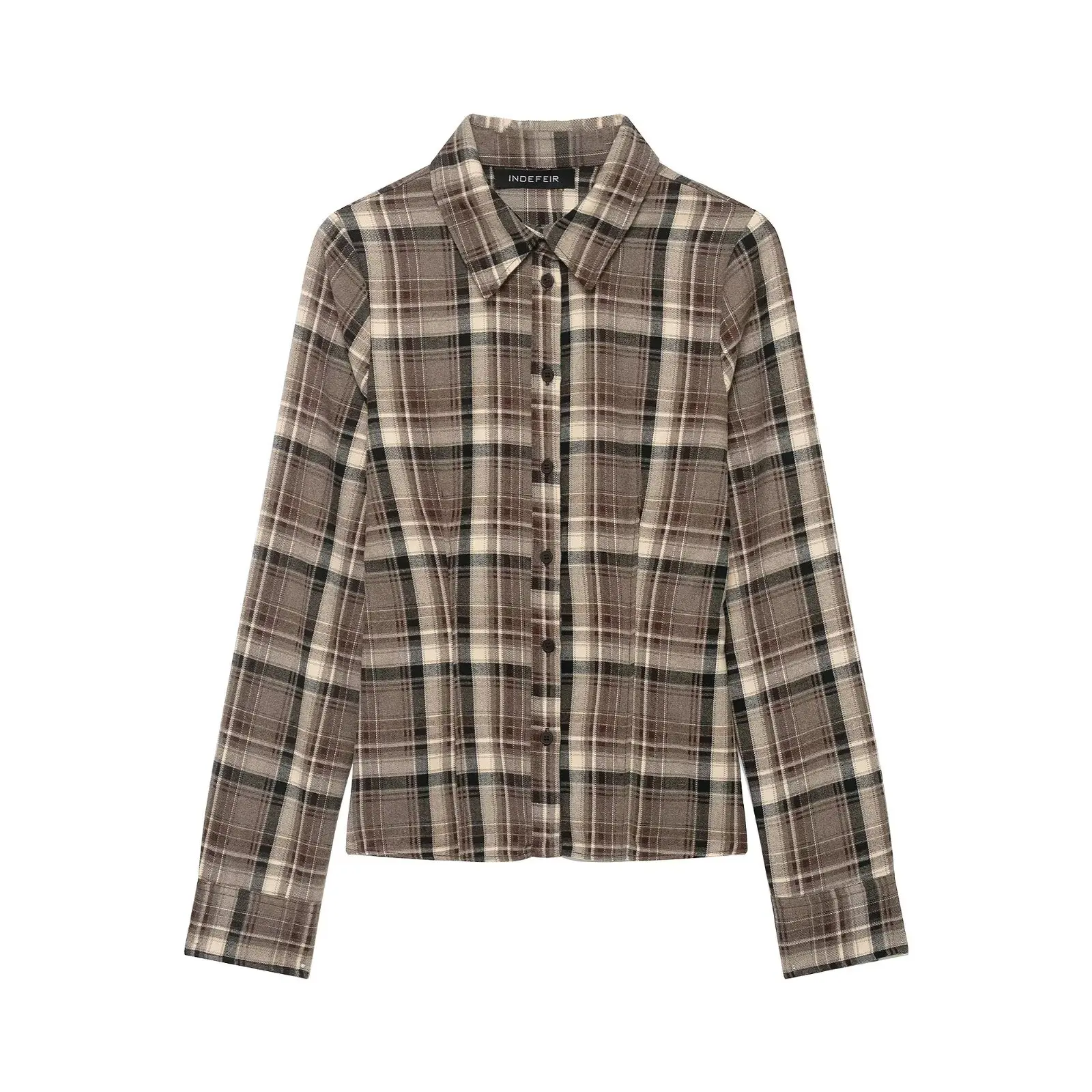 Zevity Women Vintage Lapel Collar Plaid Print Slim Shirt Blouse Office Lady Breasted Retro Shirt Chic Chemise Blusas Tops LS9500