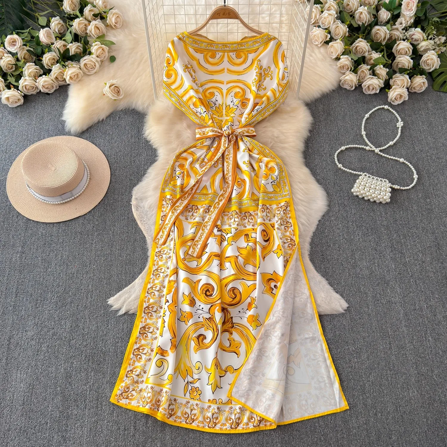 

Summer Bohemain Loose Dress Women's Batwing Sleeve Yellow And White Porcelain Print Lace Up Side Split Oversize Robe Vestido