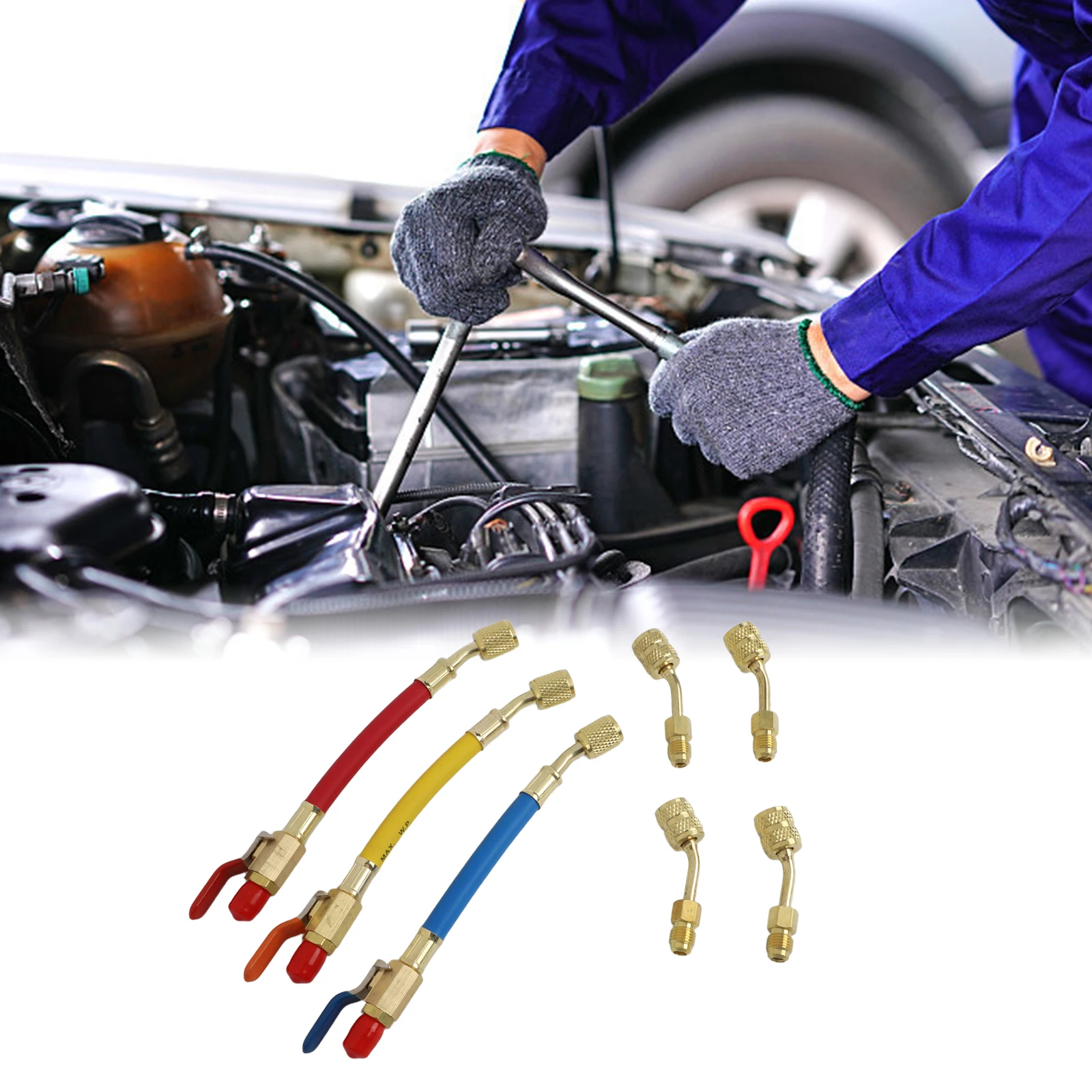 

Air Conditioning Ball Valve Assembly 7 Pieces Including 3 Angled Valves and 4 Adapters 5/16 Inch Female to 1/4 Inch Male Flare