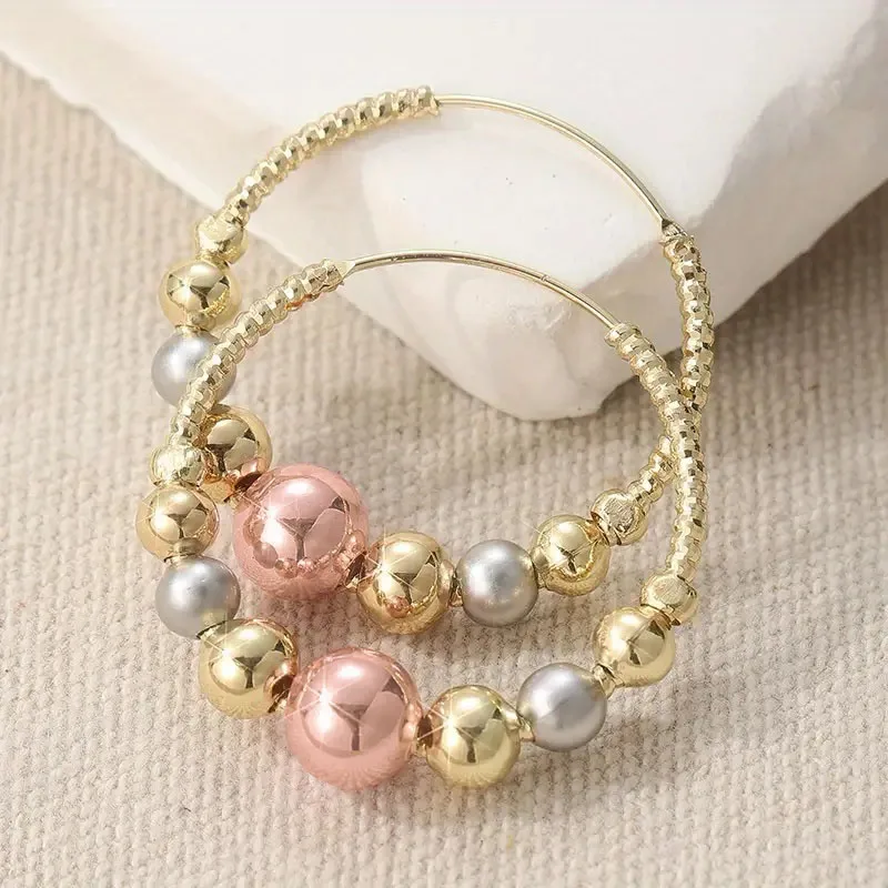 Huitan Creative Hoop Earrings with Three-color Bead Design Elegant Bright Accessories Fashion Attractive Party Jewelry for Women