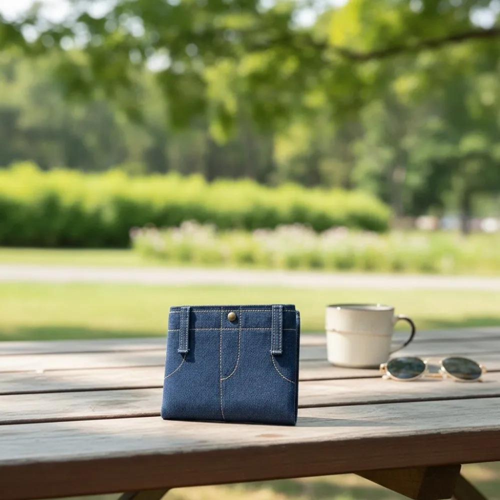 Durable Foldable Denim Shorts Wallet Snap Button Denim Jeans Shaped Wallet Compact Folding Card Holder Storage Compartment