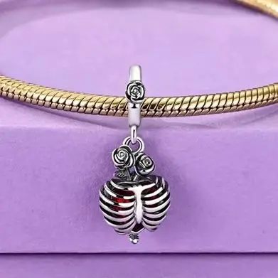 

Original 925 Sterling Silver Pendant Charm Rose Skeleton Heart For Woman Fit Bracelet Necklace Diy Jewelry Halloween Gift