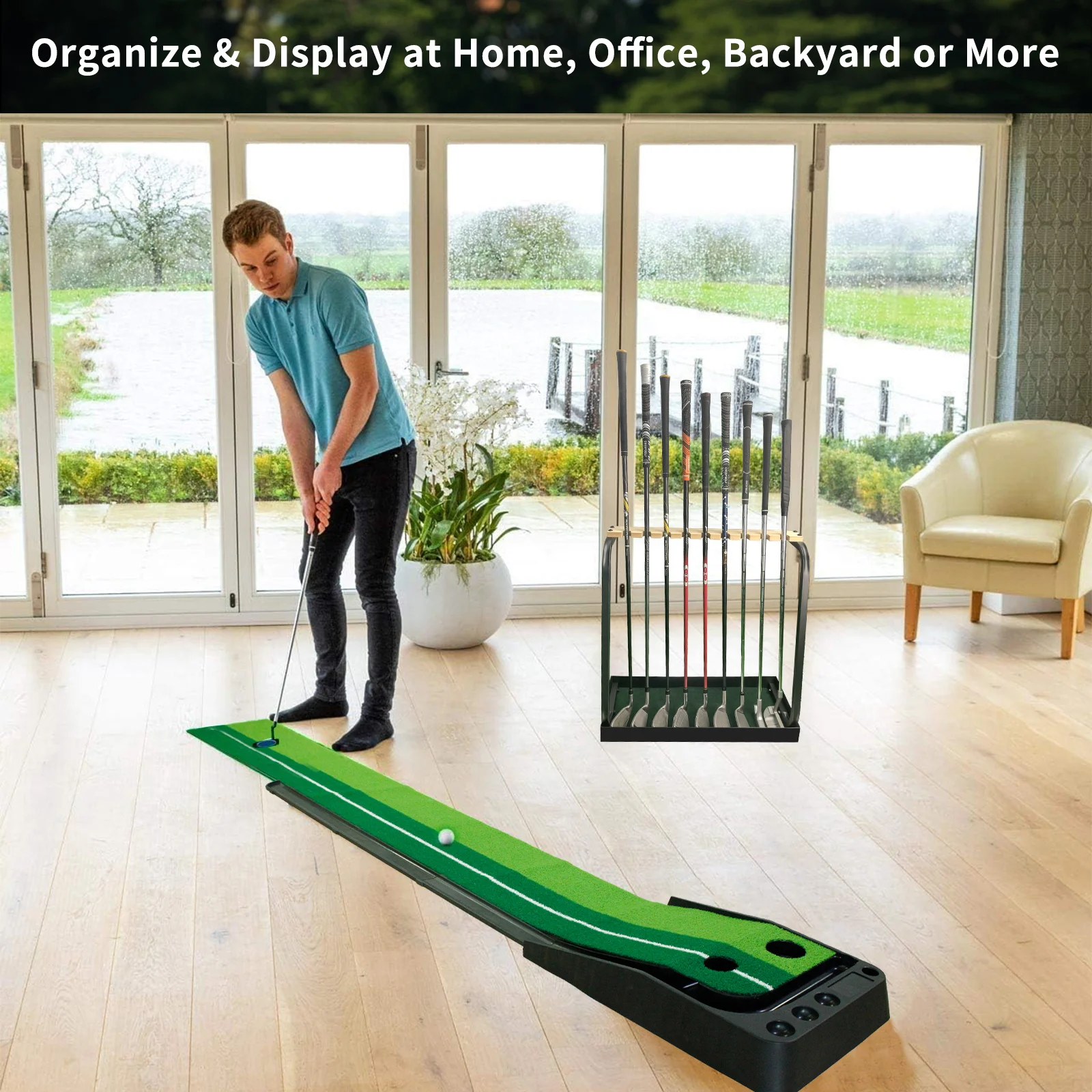 

Wooden Golf Putter Stand with Grass Display Rack for 9 Golf Club Rack Golf Club Holder for Storage Garage Home Indoor Outdoor
