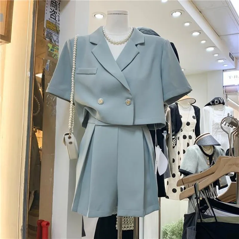 Kurzarm Blazer und Shorts Anzug Frauen 2023 Sommer koreanische lässige kurze Jacke alters reduzierende beste Straße Set 2 Stück Mujer