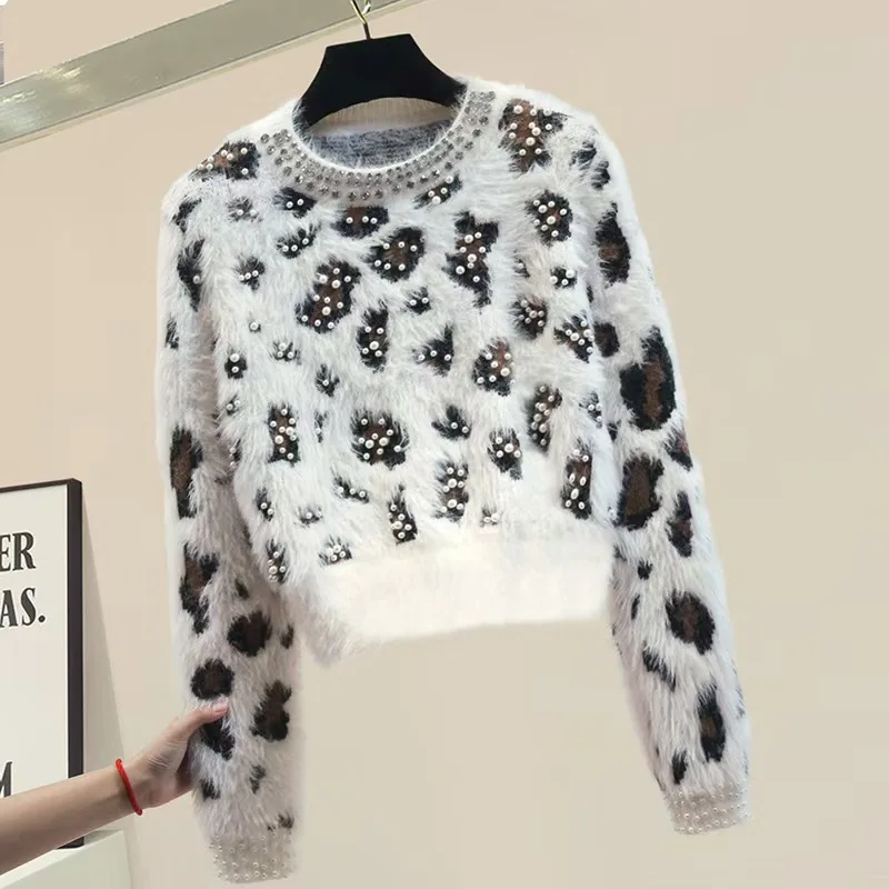 New Autumn and Winter Woolen Sweater, Leopard Print Nail Drill Bead Sweater Women's Knitted Sweater Furry Pullover Top Sweater