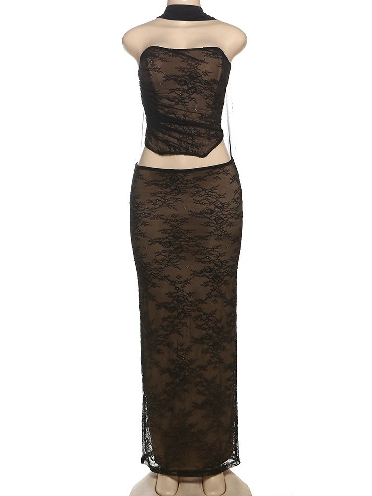 

Insglas Vacation Jacquard 3 Piece Set Women Mesh Solid Scarf+Sexy Backless Strapless Tops+Long Skirts Prom Party Elegant Suits