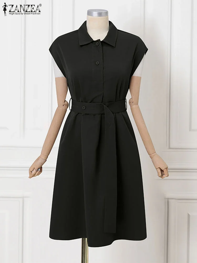 ZANZEA Donna Senza Maniche Ufficio Lavoro Vestito Estivo Elegante Cintura Camicia A Pieghe Abito Moda Tinta Unita Abiti Casual Abito Allentato