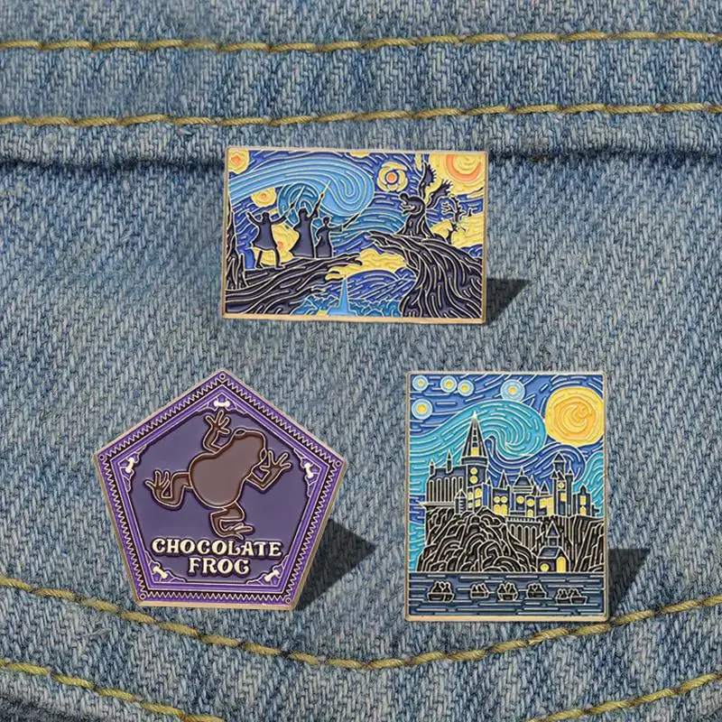 Starry Night Magic School Enamel Pins Custom Witch Wizard Castle Brooches Lapel Badges Punk Jewelry Gift for Fans Friends