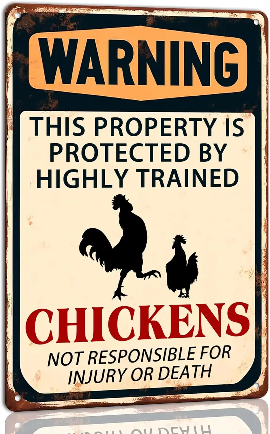 Warning This Property Is Protected By Highly Trained Chickens Metal Tin Sign Funny Farmhouse Security Vintage Wall Decor Novelty