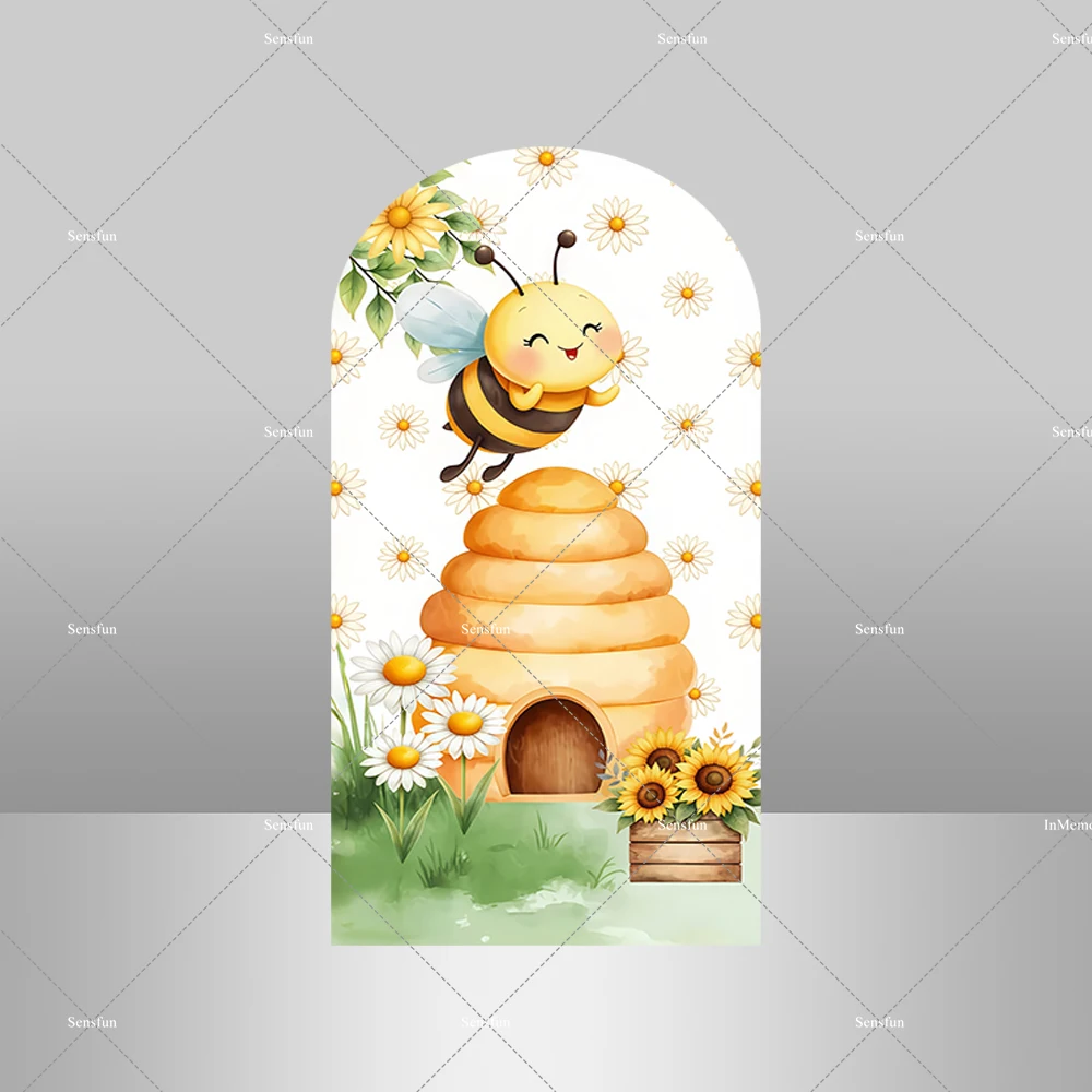 Flowers Rainbow Bee Theme Kids Newborn 1st Birthday Party Round Backdrop Girls Sweet Bee Day Arch Backgrounds Plinth Covers