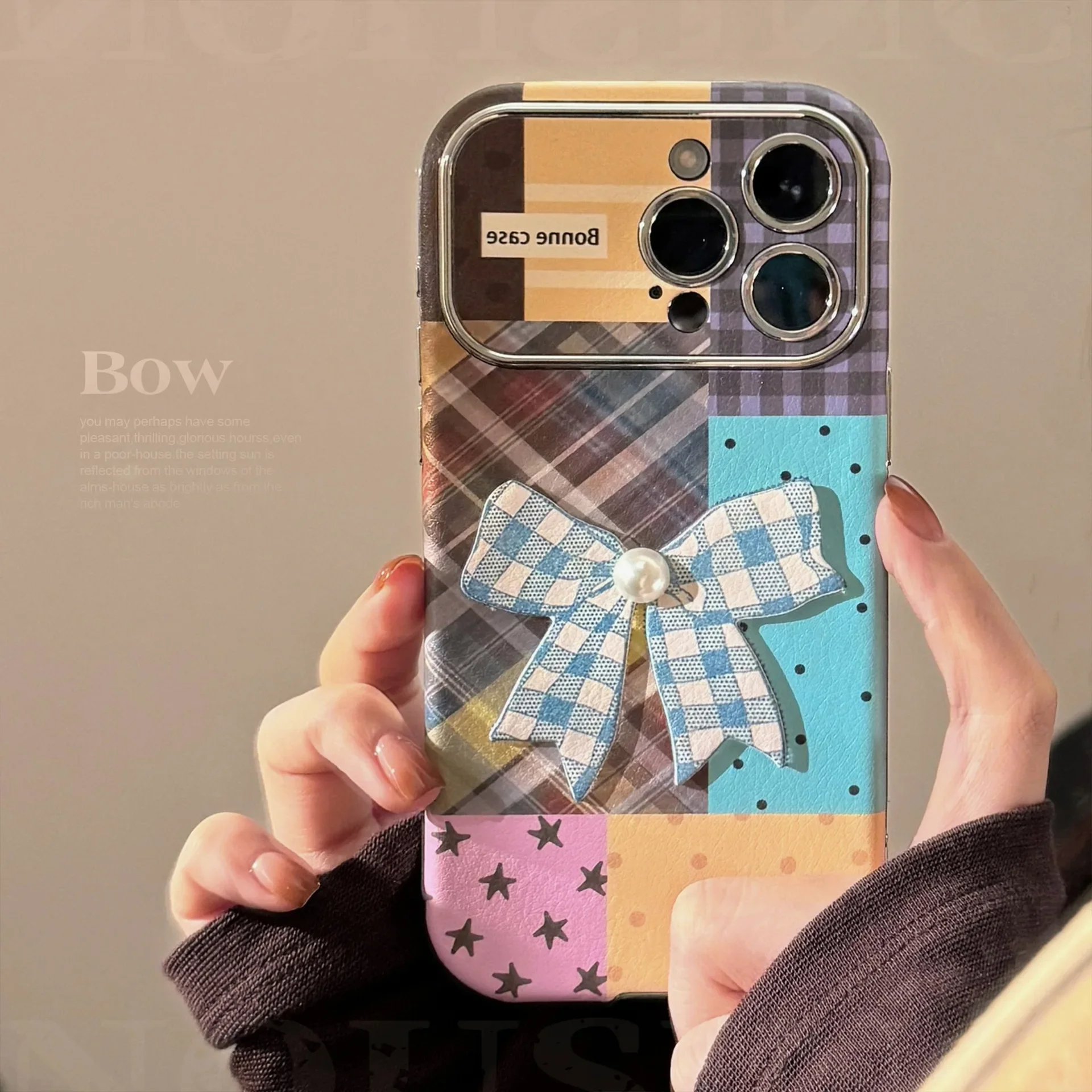 Ins Style Retro Color Checkered Patchwork Bow Phone Case for IPhone16 15 14 12 13 11 Pro ProMax Plus X XR Shockproof Phone Cover