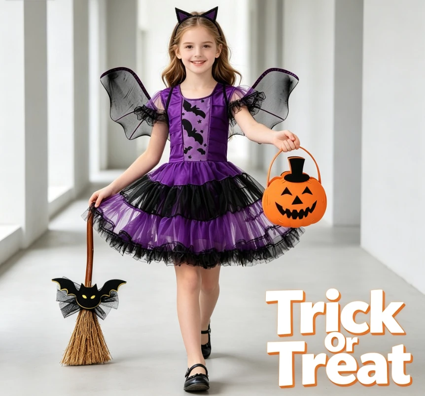 Kids Halloween Witch Cartoon Bat Funny Mesh Breathable Tutu Dress With Magic Accessories Outfit Masquerade Party Role Play Wear