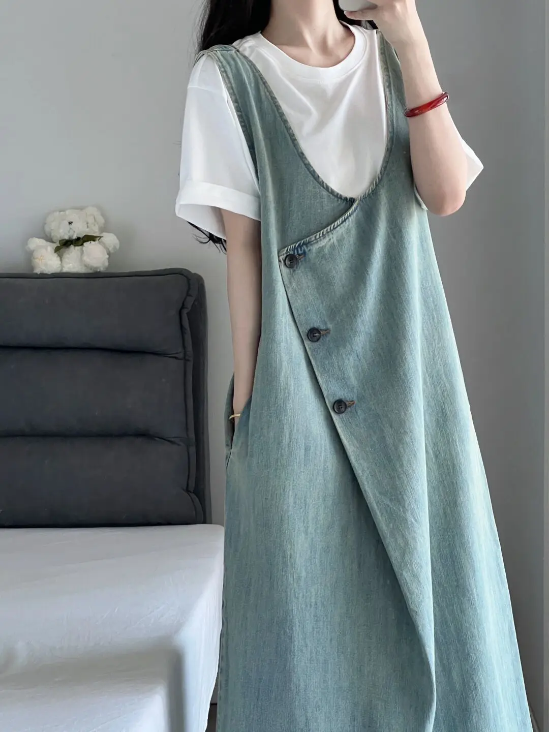 Abito elegante alla moda e versatile, girocollo, t-shirt a maniche corte, gilet, abito in denim