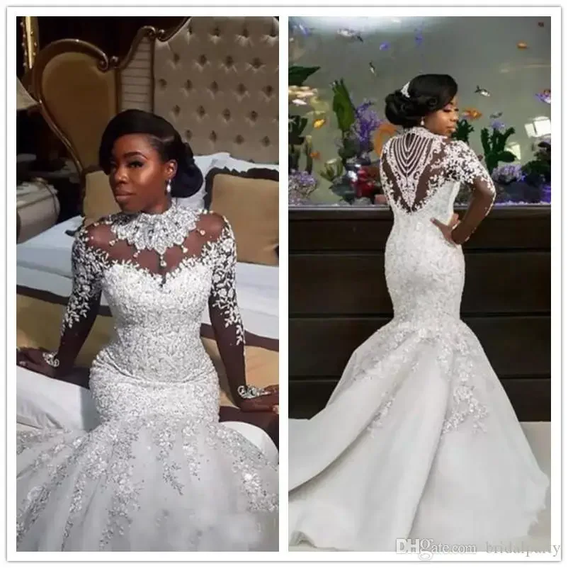 Customized African Nigeria Vestido De Novia Luxury Mermaid Dresses Floral Applique Bridal Party Gown High Neck Long Sleeve Weddi