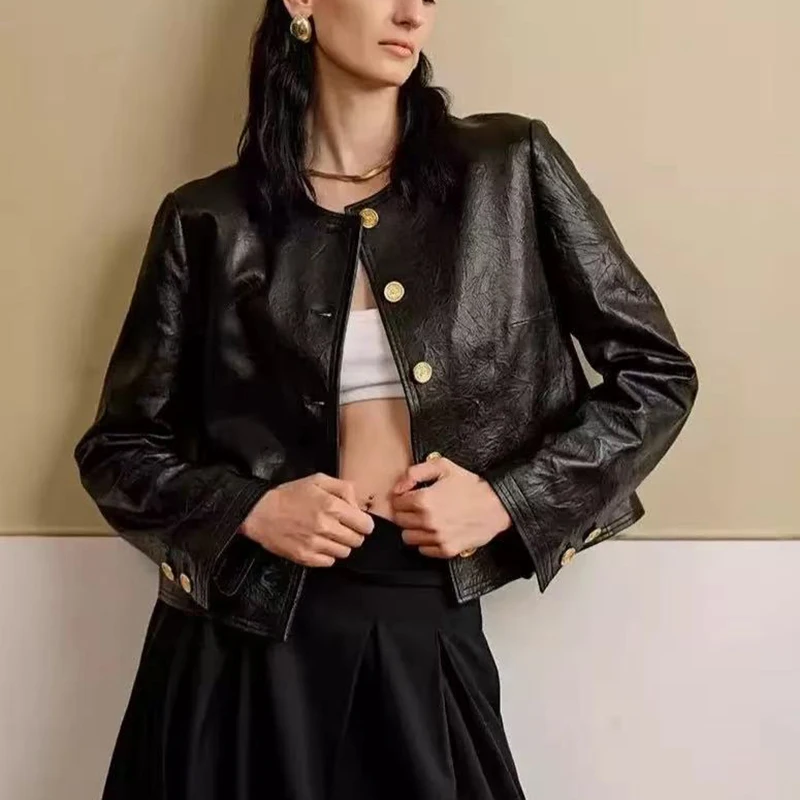 Spring High End Sheepskin Coat Personality Design Lady Round Neck Single Breasted Wrinkle Texture Short Leather Jacket Woman