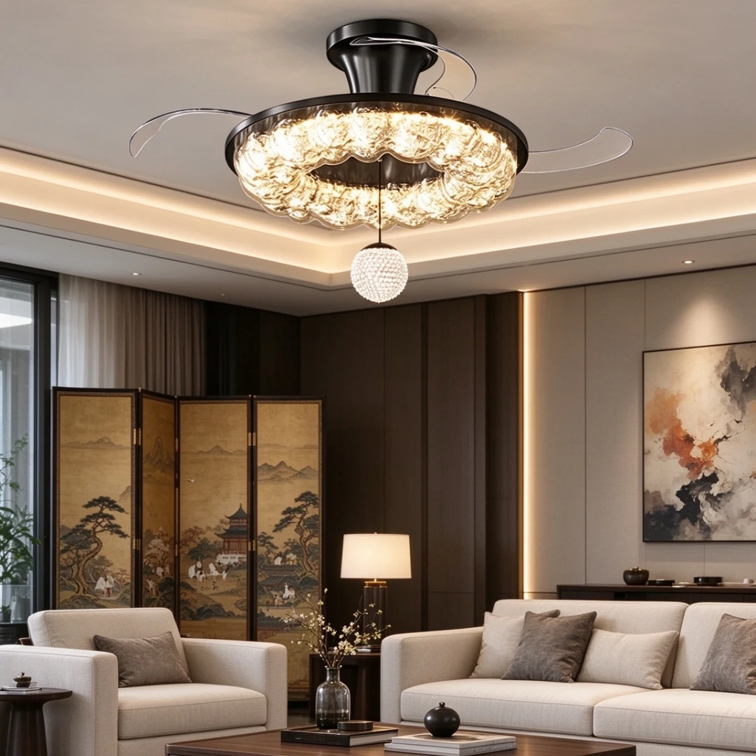 Contemporary Luxury Retractable Ceiling Fan With Light Bubble Textured Crystal Shade Invisible Fan Light For Villa Decor