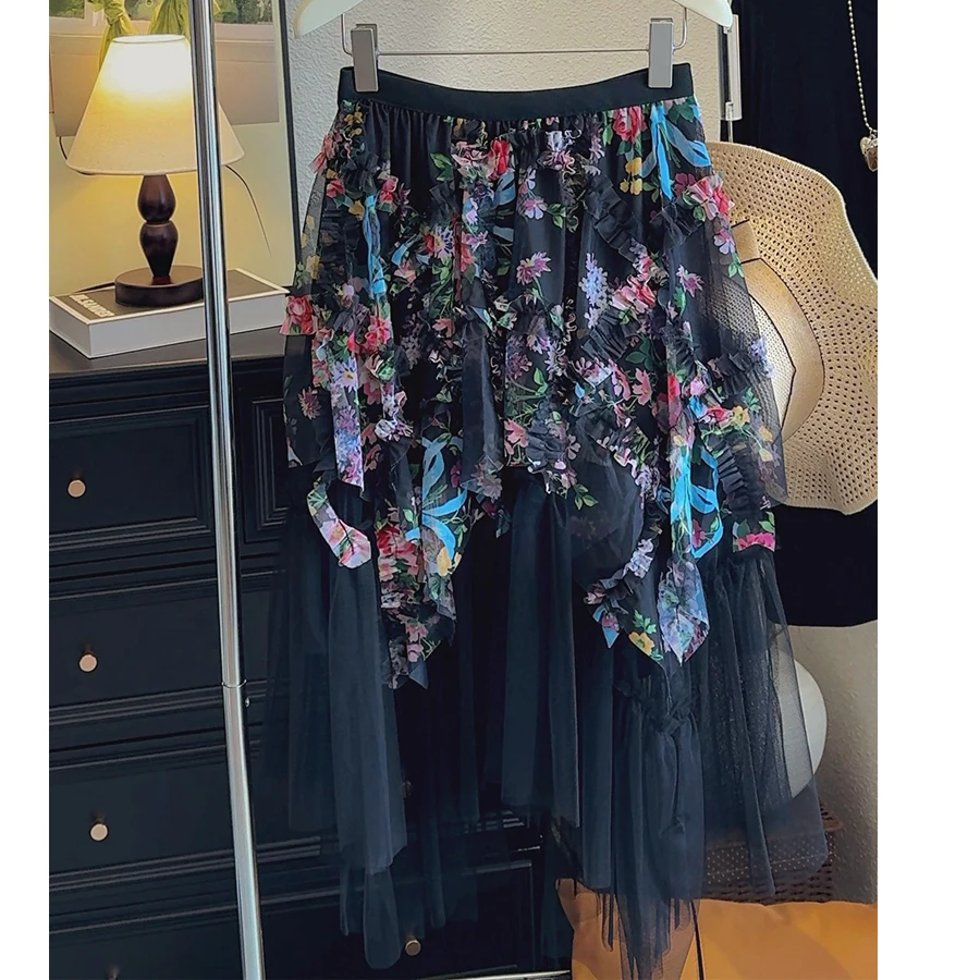 Frauen Sommer Mesh Lange Röcke Hohe Taille Blume Drucken Patchwork Boho Rock Unregelmäßigen Saum Röcke Faldas Femme Streetwear