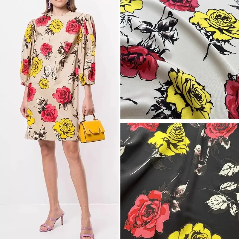 Europe and America Yellow/Red Rose Flower Printed Twill Polyester Fabric For Women Dress Blouse Handmade DIY Custom Cloth Sewing