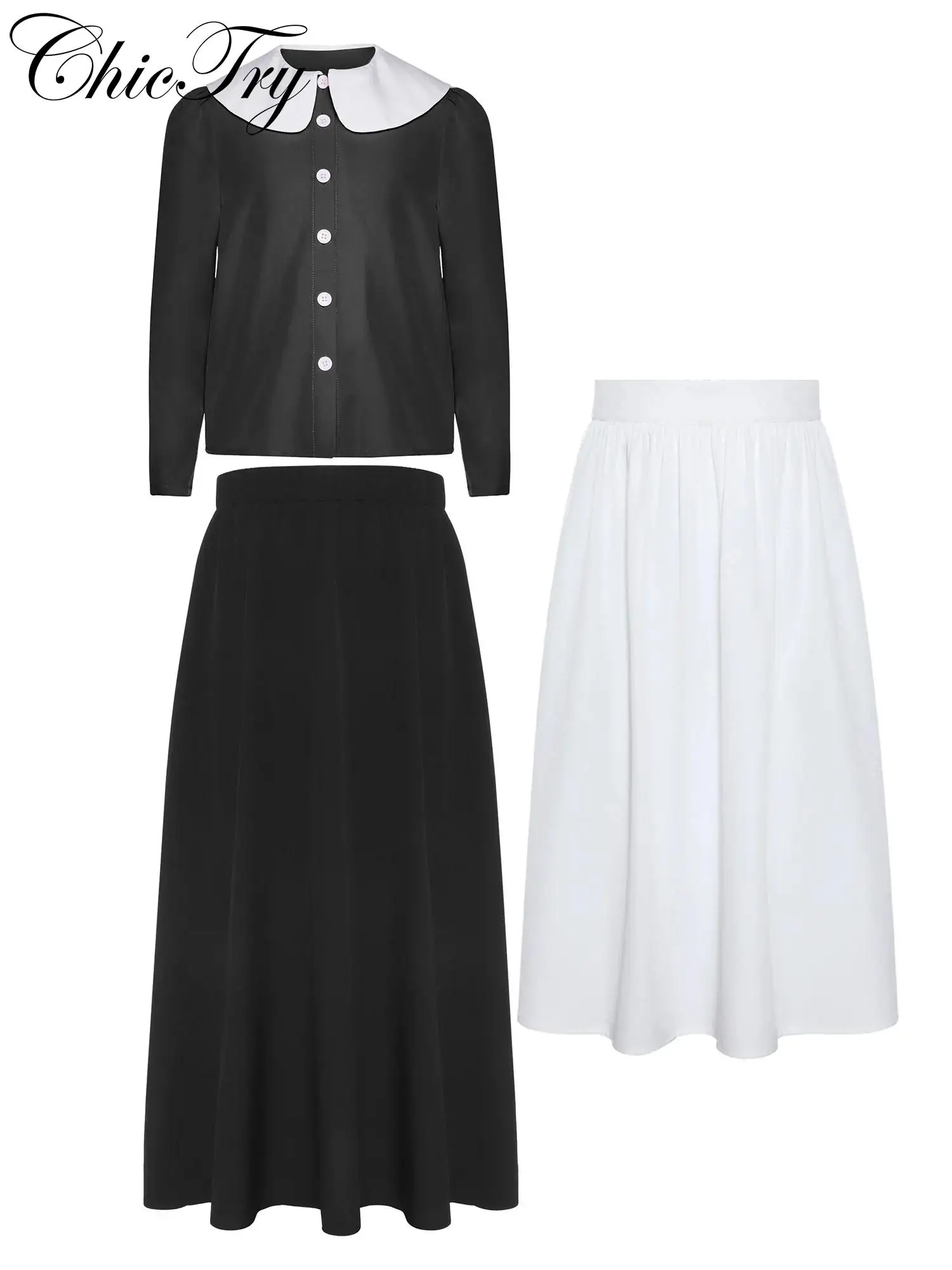 

Kids Girls Pilgrim Maid Cosplay Costume Halloween Roleplay Sets Shirt Skirt and Apron Lapel Long Sleeve Blouse Top A-line Skirt