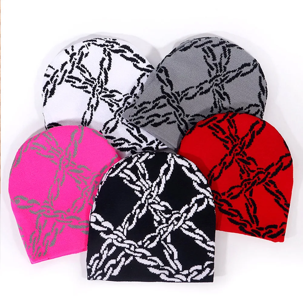 

Шапка-бини с узором-цепочкой для женщин и мужчин, теплые ветрозащитные вязаные шапки, зимняя шапка, лыжные шапки с черепом, хип-хоп gorros