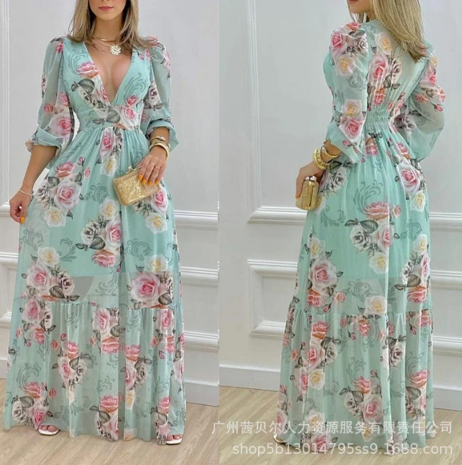 

Women's V-neck long sleeved commuting style 2024 summer new patchwork printed V-neck lantern sleeve waist cinching dress