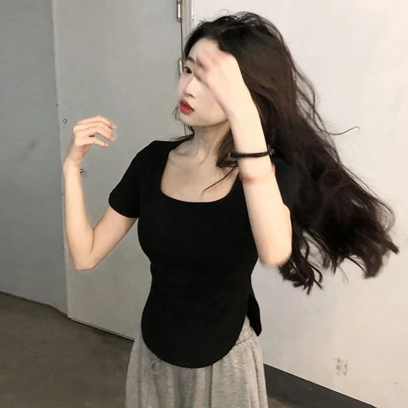 Slim Fit Short Sleeve T-Shirt Women's Summer New Style Square Collar Shoulder Width Regular Length PU Material Thin Edition