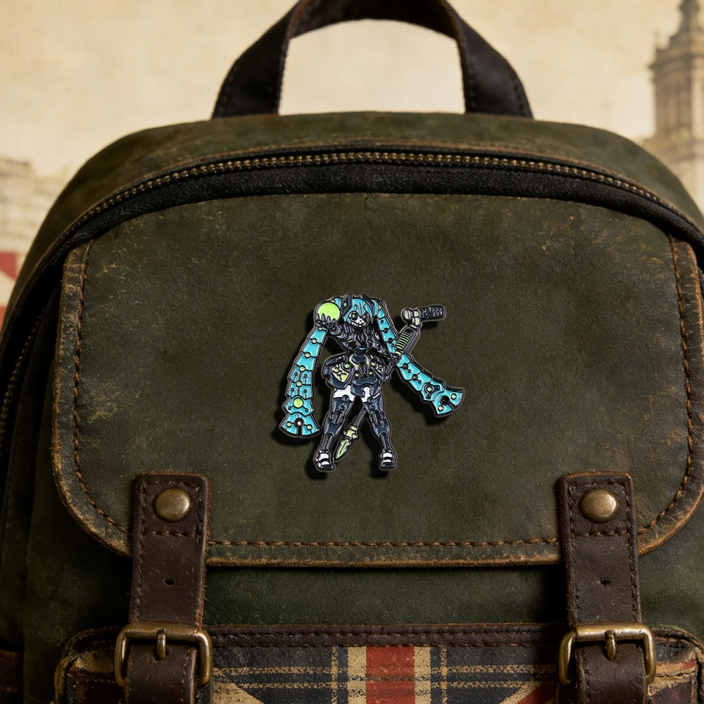 Virtuelle Vocaloid-Figur und Necrons-Fusion Mechanische Ästhetik Brosche Gotischer Doppelschwanz-Idol Anstecknadel Rucksack Hut Accessoire – Detail 11