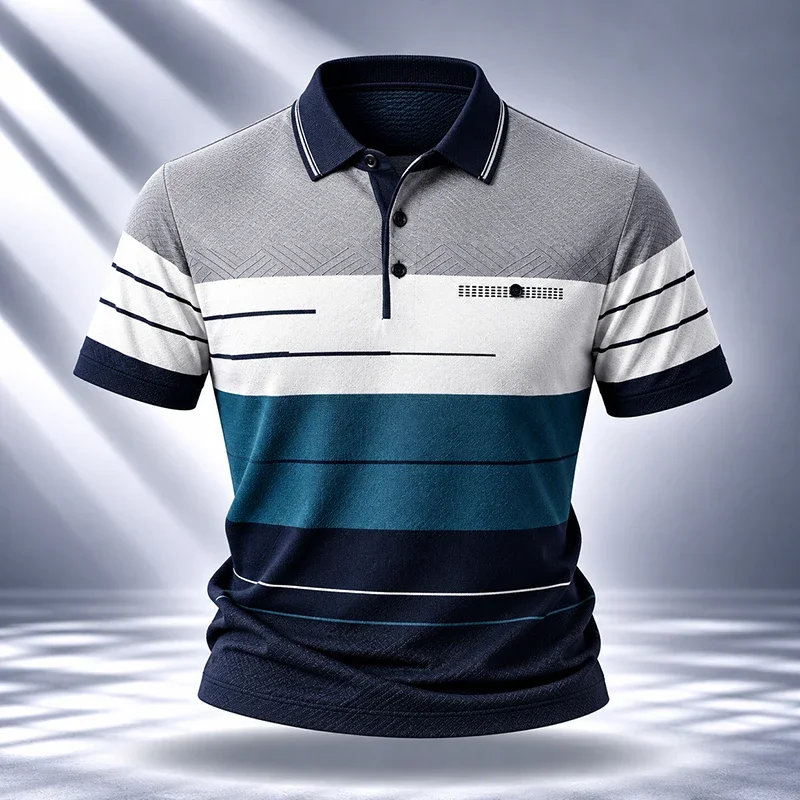 Mens Short Sleeve Polo Shirt Color Block Striped Lapel Collar Three Button Placket Soft Breathable Casual Wear Fashion Tops