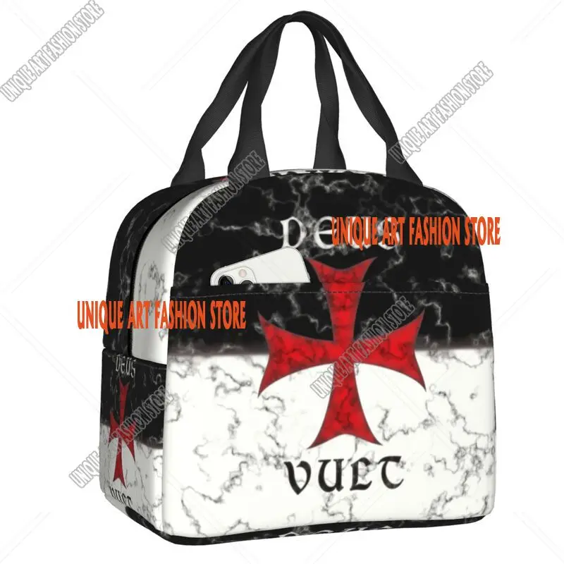 Deus Vult Crusader Cross In Marble Insulated Lunch Bags for Camping Travel Knights Portable Thermal Cooler Bento Box Women Kids