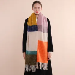 2023 Winter Women New Rainbow Color Imitation Cashmere Scarf Thicken To Keep Warm Tassel Color Blocking Stripe Collar Long Shawl