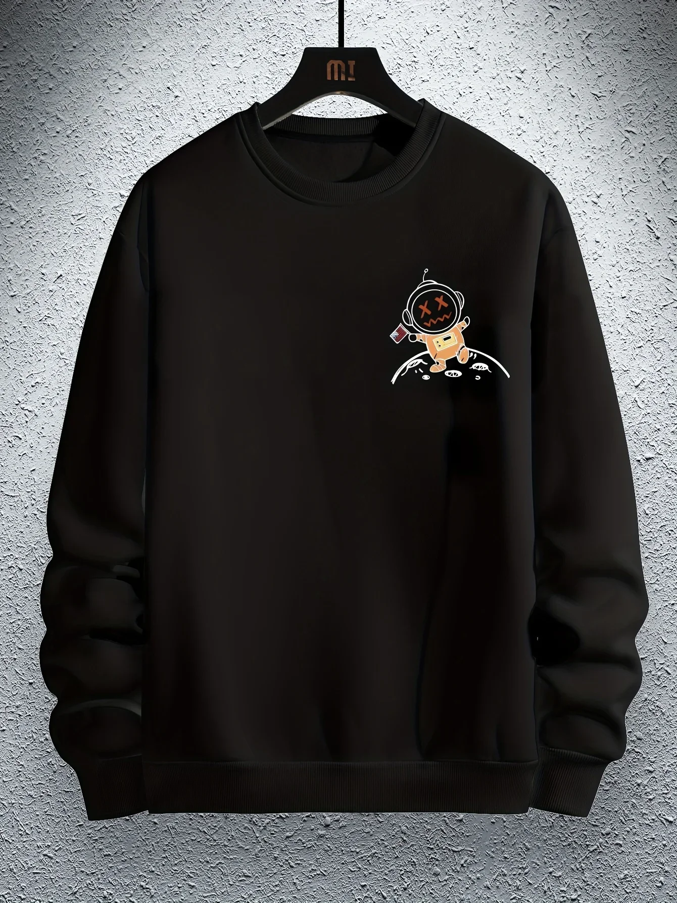 Herren-Sweatshirt mit Rundhalsausschnitt, langärmeliges Pullover-Modell mit Cartoon-Astronauten- und Planetenmuster, lässiger Streetwear-Sweatshirt mit lockerer Passform. – Detail 5