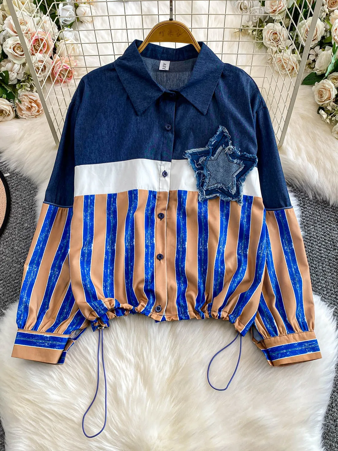 Women Blue Striped Star Patchwork Denim Jacket Vintage Long Sleeve Jean Jacket Harajuku Korean Outerwear Top 2000s Clothes 2025