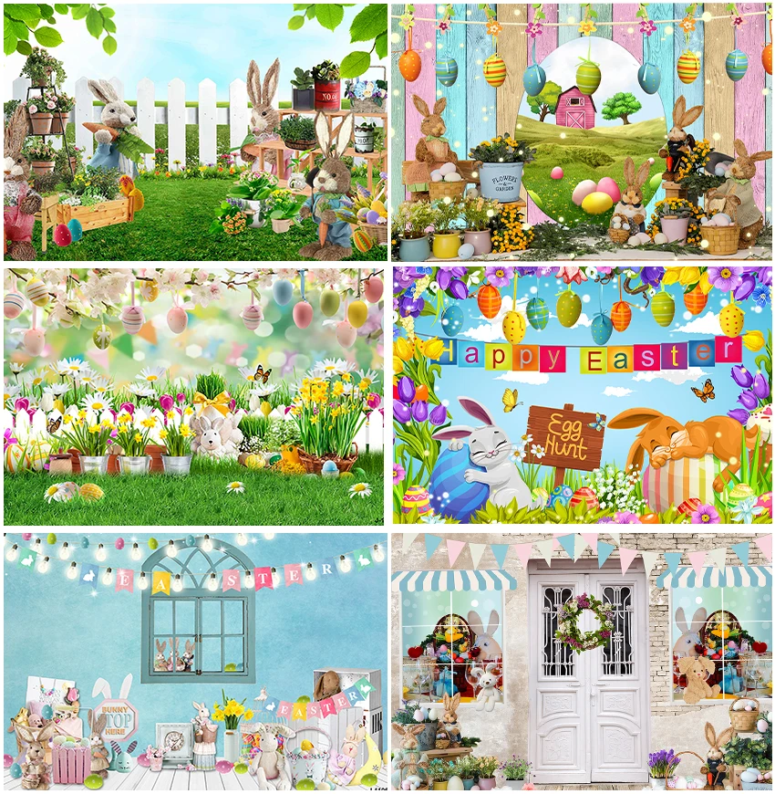 

Background Green Grass Bunny Spring Easter Garden Color Eggs Wood Plank Party Child Portrait Baby Shower Backdrops Photography