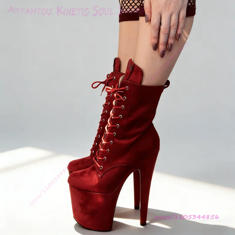 Deep Burgundy Suede Lace Up Boots 20cm 8 Inch Corduroy Round Toe Grey Zipper Calf Booties High Platform Shoes Sexy Pole Dancers